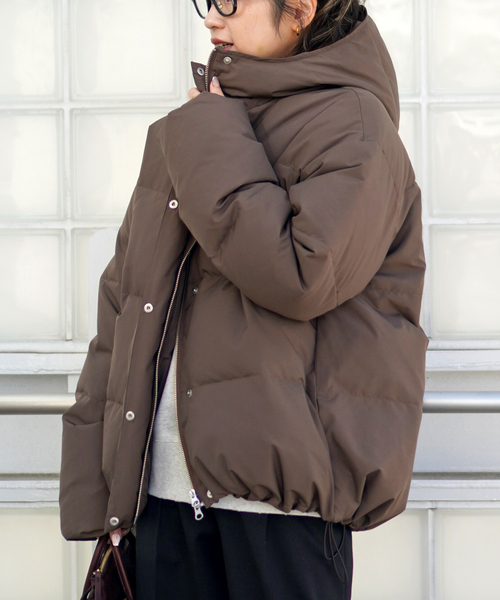 フードダウンジャケット(ブラウン)（ダウンジャケット/コート