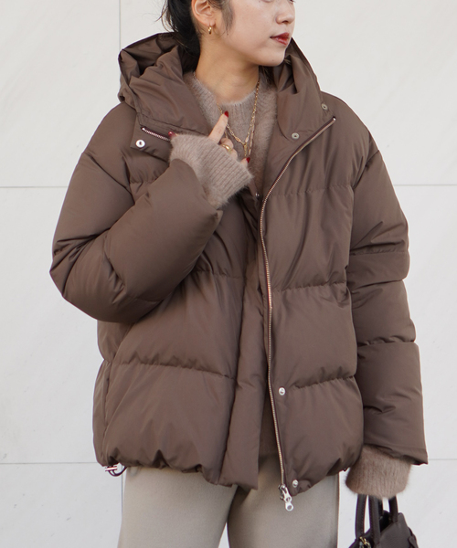 フードダウンジャケット(ブラウン)（ダウンジャケット/コート