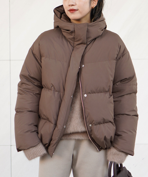フードダウンジャケット(ブラウン)（ダウンジャケット/コート
