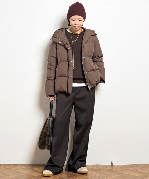 フードダウンジャケット(ブラウン)（ダウンジャケット/コート