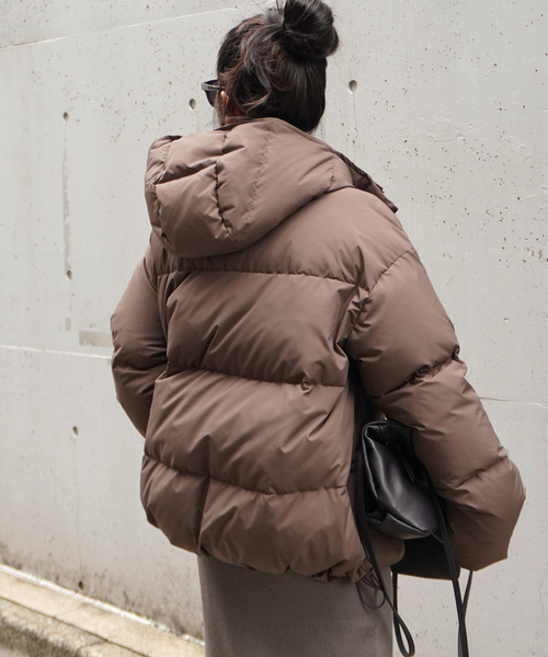 フードダウンジャケット(ブラウン)（ダウンジャケット/コート