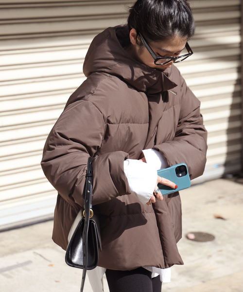 フードダウンジャケット(ブラウン)（ダウンジャケット/コート