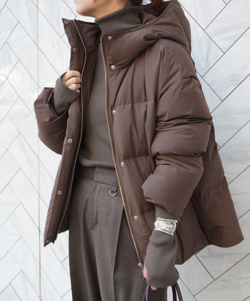フードダウンジャケット(ブラウン)（ダウンジャケット/コート