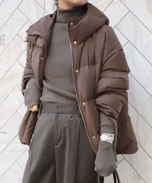 フードダウンジャケット(ブラウン)（ダウンジャケット/コート