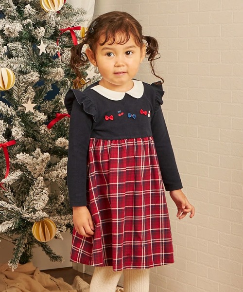 KP（ケーピー）の「先染チェック×起毛テレコ ワンピース（ワンピース・キッズ・レッド/サックスブルー・80ｃｍ/90cm/100cm）」の2枚目の写真