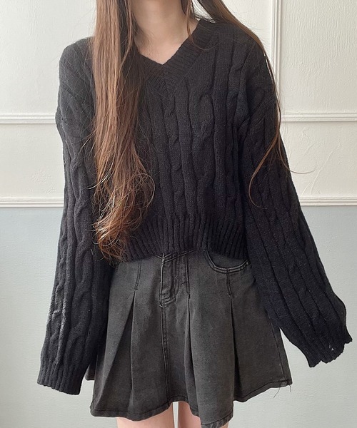 Nana（ナナ）の「Vネックケーブルニット（ニット/セーター・レディース・ブラック/アイボリー・FREE）」の9枚目の写真