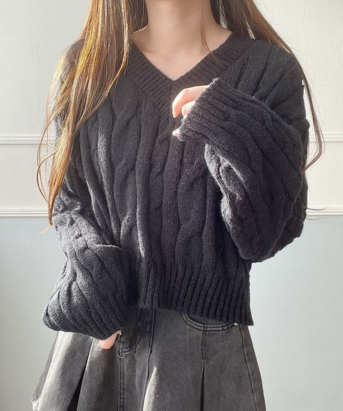 Nana（ナナ）の「Vネックケーブルニット（ニット/セーター・レディース・ブラック/アイボリー・FREE）」の10枚目の写真