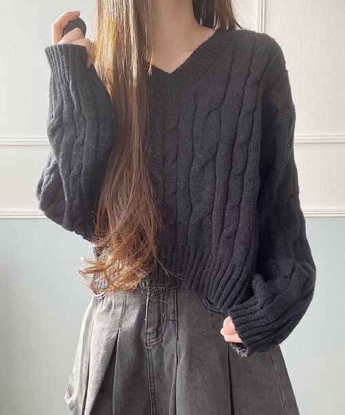 Nana（ナナ）の「Vネックケーブルニット（ニット/セーター・レディース・ブラック/アイボリー・FREE）」の11枚目の写真