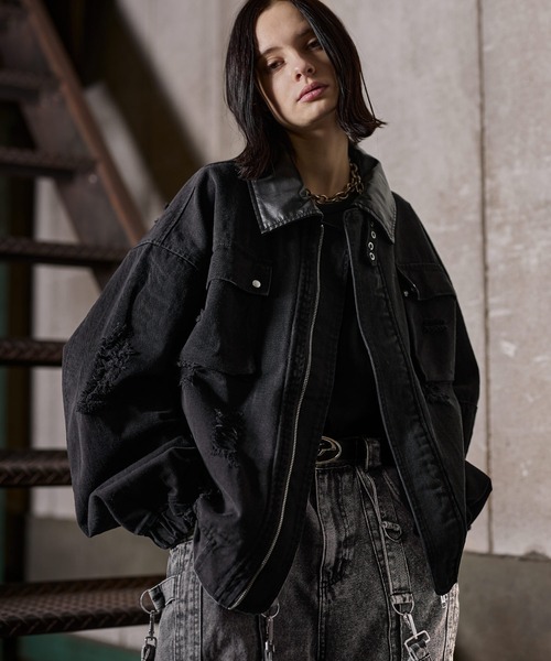 ERAR】【セットアップ対応】PU合皮襟切り替えハイダメージダブルジップ