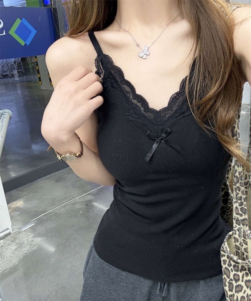 Lace Ladies(レースレディース)の「リボン付き Vネック 配レース カップ付き キャミソール(キャミソール・レディース・ホワイト/ブラック/アイボリー・M/XL)」の3枚目の写真
