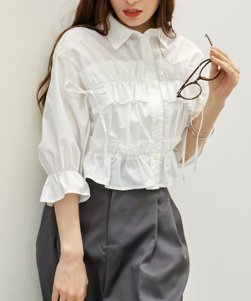 セール】フリル5分袖クロップドシャツ（シャツ/ブラウス）｜SpRay