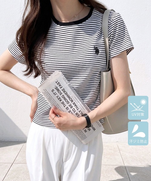 U.S. POLO ASSN.（ユーエスポロアッスン）の「【新色追加】GeeRA別注【U.S. POLO ASSN.】汗染み防止！ワンポイント刺繍コンパクトミニＴシャツ　無地/ボーダー（Tシャツ/カットソー・レディース・ブラック/オフホワイト/杢グレー/ホワイト系その他/ネイビー/ブラウン/ピンク・SMALL/MEDIUM/LARGE/X-LARGE）」の3枚目の写真