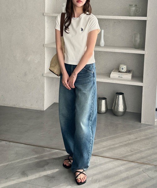U.S. POLO ASSN.（ユーエスポロアッスン）の「【新色追加】GeeRA別注【U.S. POLO ASSN.】汗染み防止！ワンポイント刺繍コンパクトミニＴシャツ　無地/ボーダー（Tシャツ/カットソー・レディース・ブラック/オフホワイト/杢グレー/ホワイト系その他/ネイビー/ブラウン/ピンク・SMALL/MEDIUM/LARGE/X-LARGE）」の13枚目の写真