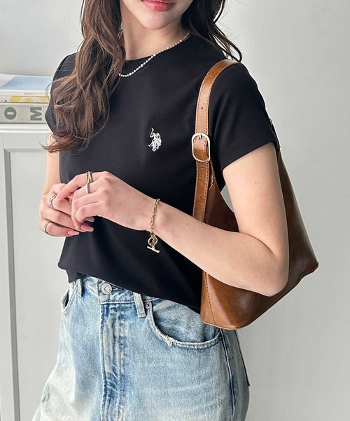 U.S. POLO ASSN.（ユーエスポロアッスン）の「【新色追加】GeeRA別注【U.S. POLO ASSN.】汗染み防止！ワンポイント刺繍コンパクトミニＴシャツ　無地/ボーダー（Tシャツ/カットソー・レディース・ブラック/オフホワイト/杢グレー/ホワイト系その他/ネイビー/ブラウン/ピンク・SMALL/MEDIUM/LARGE/X-LARGE）」の19枚目の写真