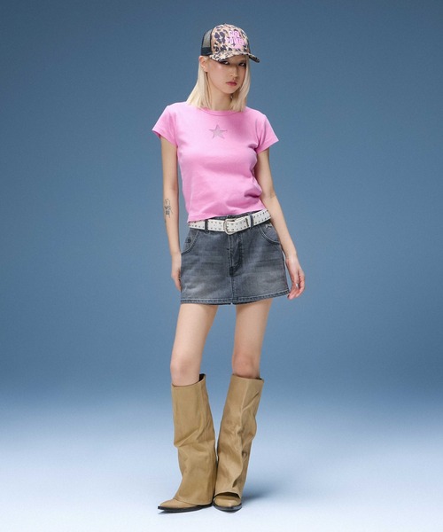 X-girl（エックスガール）の「DENIM SKORT（デニムスカート・レディース・ブラック/ライトインディゴブルー・S/M）」の5枚目の写真