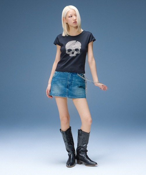 X-girl（エックスガール）の「DENIM SKORT（デニムスカート・レディース・ブラック/ライトインディゴブルー・S/M）」の17枚目の写真