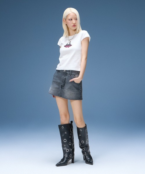 X-girl（エックスガール）の「DENIM SKORT（デニムスカート・レディース・ブラック/ライトインディゴブルー・S/M）」の9枚目の写真