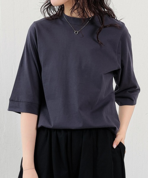 emesuelee(エメスーリー)の「接触冷感 UV遮蔽率90%以上 ハイネック 5分袖 コットン プルオーバー(Tシャツ/カットソー・レディース・ネイビー/ブルー系その他2/ブラック/アイボリー/ライトグリーン/ローズ系・フリー)」の4枚目の写真