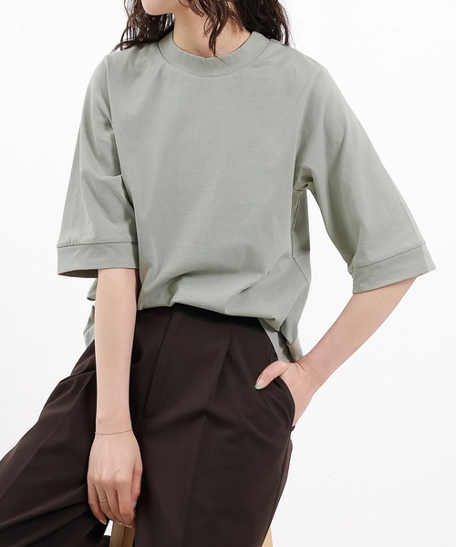 emesuelee(エメスーリー)の「接触冷感 UV遮蔽率90%以上 ハイネック 5分袖 コットン プルオーバー(Tシャツ/カットソー・レディース・ネイビー/ブルー系その他2/ブラック/アイボリー/ライトグリーン/ローズ系・フリー)」の3枚目の写真