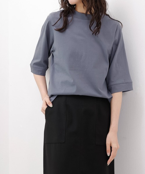 emesuelee(エメスーリー)の「接触冷感 UV遮蔽率90%以上 ハイネック 5分袖 コットン プルオーバー(Tシャツ/カットソー・レディース・ネイビー/ブルー系その他2/ブラック/アイボリー/ライトグリーン/ローズ系・フリー)」の5枚目の写真