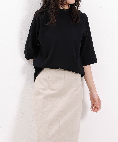 emesuelee(エメスーリー)の「接触冷感 UV遮蔽率90%以上 ハイネック 5分袖 コットン プルオーバー(Tシャツ/カットソー・レディース・ネイビー/ブルー系その他2/ブラック/アイボリー/ライトグリーン/ローズ系・フリー)」の2枚目の写真