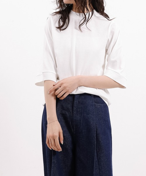 emesuelee(エメスーリー)の「接触冷感 UV遮蔽率90%以上 ハイネック 5分袖 コットン プルオーバー(Tシャツ/カットソー・レディース・ネイビー/ブルー系その他2/ブラック/アイボリー/ライトグリーン/ローズ系・フリー)」の14枚目の写真