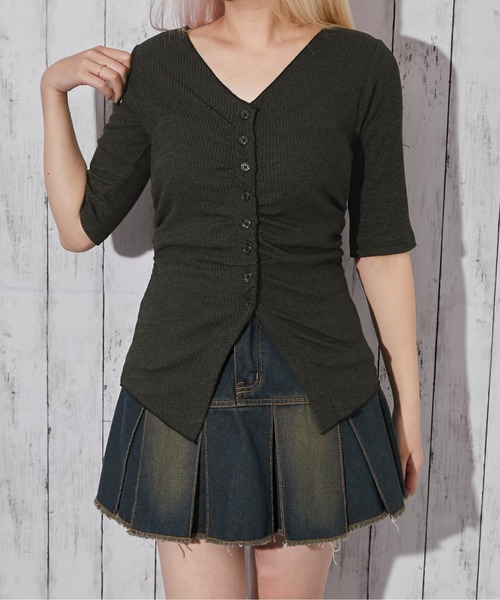 GORGE(ゴージ)の「《フロントギャザー・リブ素材》カットソー/フェミニン×Y2K/春夏秋/全3色(Tシャツ/カットソー・レディース・ブラック/サックスブルー/チャコール・F)」の10枚目の写真