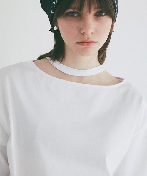 CLANE(クラネ)の「W FACE NOTCHED RIB OVER TOPS(Tシャツ/カットソー・レディース・サックスブルー/ブラック/ホワイト・F)」の2枚目の写真