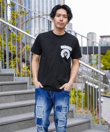 (RM)【LUXE/R】コットン100% 天竺 デニム×刺繍 ワッペン クルーネックTシャツ