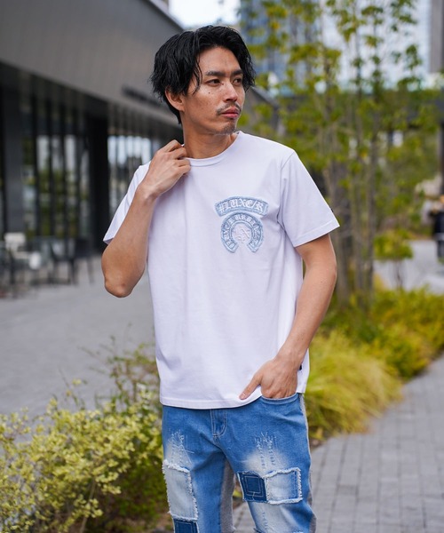 LUXE/R（ラグジュ）の「(RM)【LUXE/R】コットン100% 天竺 デニム×刺繍 ワッペン クルーネックTシャツ（Tシャツ/カットソー・メンズ・ブラック/エメラルド/ホワイト・LARGE/X-LARGE/MEDIUM）」の6枚目の写真