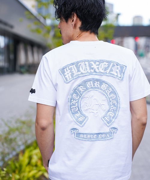 LUXE/R（ラグジュ）の「(RM)【LUXE/R】コットン100% 天竺 デニム×刺繍 ワッペン クルーネックTシャツ（Tシャツ/カットソー・メンズ・ブラック/エメラルド/ホワイト・LARGE/X-LARGE/MEDIUM）」の12枚目の写真