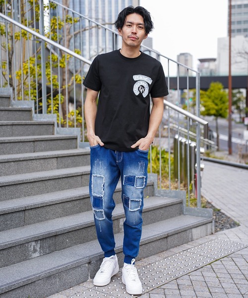 LUXE/R（ラグジュ）の「(RM)【LUXE/R】コットン100% 天竺 デニム×刺繍 ワッペン クルーネックTシャツ（Tシャツ/カットソー・メンズ・ブラック/エメラルド/ホワイト・LARGE/X-LARGE/MEDIUM）」の11枚目の写真