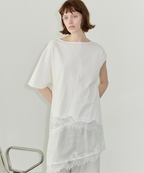 LA BELLE ETUDE(ラベルエチュード)の「アシンメトリースリーブレースデザイントップス(Tシャツ/カットソー・レディース・ホワイト/ブラック・FREE)」の2枚目の写真
