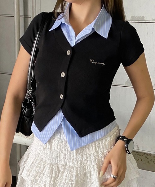 non-hedge（ノンヘッジ）の「シャツレイヤード風プレート付トップス（Tシャツ/カットソー・レディース・ブラック/オフホワイト/チャコールグレー/ネイビー・FREE）」の3枚目の写真