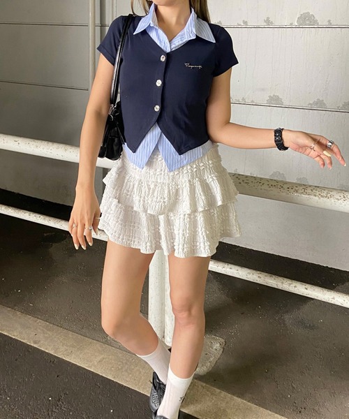 non-hedge（ノンヘッジ）の「シャツレイヤード風プレート付トップス（Tシャツ/カットソー・レディース・ブラック/オフホワイト/チャコールグレー/ネイビー・FREE）」の7枚目の写真