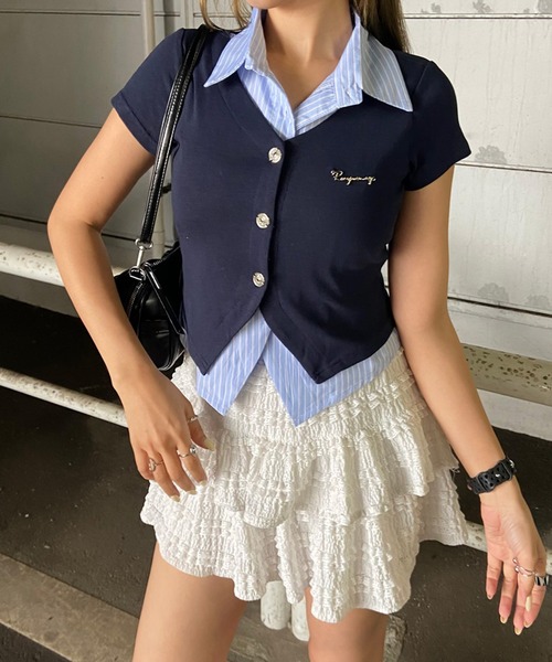 non-hedge（ノンヘッジ）の「シャツレイヤード風プレート付トップス（Tシャツ/カットソー・レディース・ブラック/オフホワイト/チャコールグレー/ネイビー・FREE）」の8枚目の写真