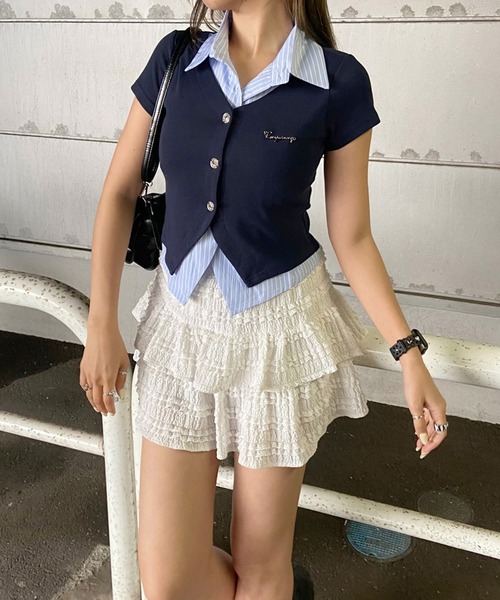 non-hedge（ノンヘッジ）の「シャツレイヤード風プレート付トップス（Tシャツ/カットソー・レディース・ブラック/オフホワイト/チャコールグレー/ネイビー・FREE）」の9枚目の写真