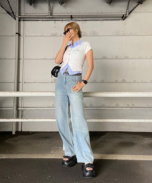 non-hedge（ノンヘッジ）の「シャツレイヤード風プレート付トップス（Tシャツ/カットソー・レディース・ブラック/オフホワイト/チャコールグレー/ネイビー・FREE）」の12枚目の写真