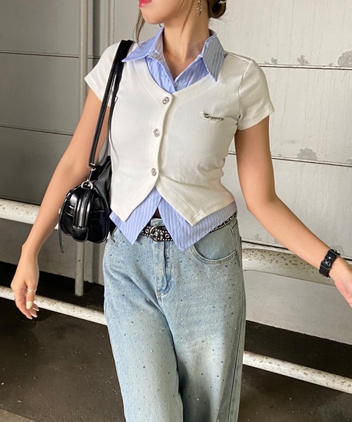 non-hedge（ノンヘッジ）の「シャツレイヤード風プレート付トップス（Tシャツ/カットソー・レディース・ブラック/オフホワイト/チャコールグレー/ネイビー・FREE）」の15枚目の写真