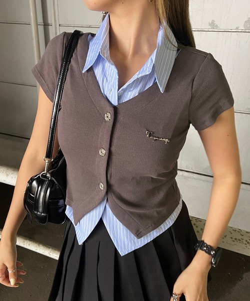 non-hedge（ノンヘッジ）の「シャツレイヤード風プレート付トップス（Tシャツ/カットソー・レディース・ブラック/オフホワイト/チャコールグレー/ネイビー・FREE）」の22枚目の写真
