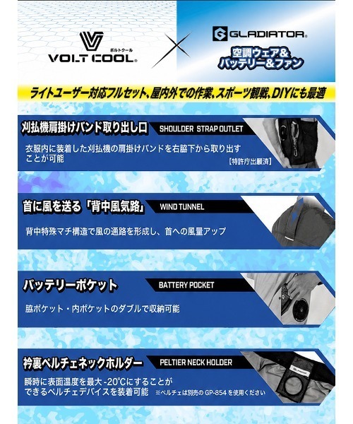 SAKAZEN（サカゼン）の「GLADIATOR (グラディエーター) 空調ウェア ベスト バッテリー ファン 3点セット ボルトクール 裏アルミ ユニセックス（ベスト・メンズ・シルバー/ブラック×グレー/ネイビー・LL/L/M）」の8枚目の写真