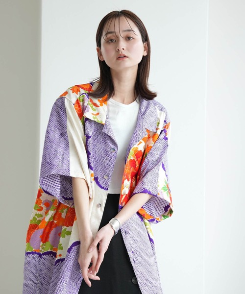 utatane(ウタタネ)の「着物リメイク maison utatane シャツ/ブラウス 紫苑の咲き零れ(シャツ/ブラウス・レディース・パープル・FREE)」の2枚目の写真