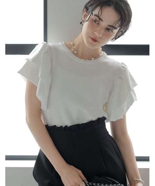 MEISM（ミズム）の「[2026 SUMMER COLLECTION][MEISM by Re:EDIT][涼感][洗える]フリルスリーブサマーニットトップス（ニット/セーター・レディース・ブラック/ホワイト・LARGE/MEDIUM）」の2枚目の写真