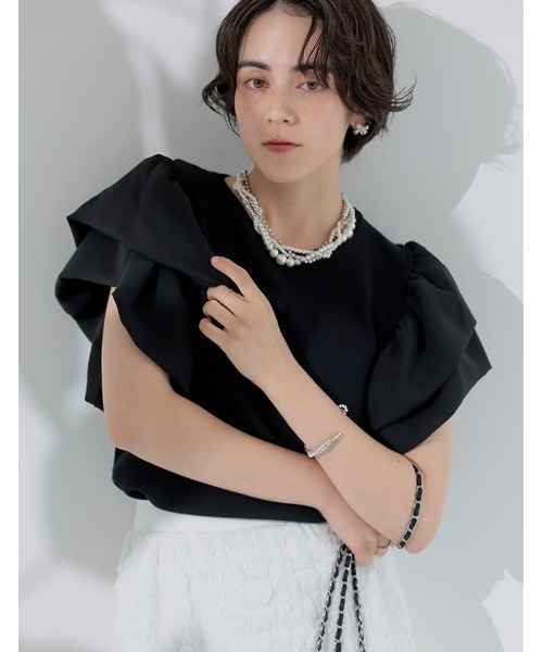 MEISM（ミズム）の「[2026 SUMMER COLLECTION][MEISM by Re:EDIT][涼感][洗える]フリルスリーブサマーニットトップス（ニット/セーター・レディース・ブラック/ホワイト・LARGE/MEDIUM）」の6枚目の写真