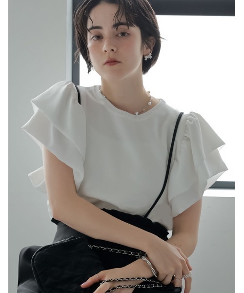 MEISM（ミズム）の「[2026 SUMMER COLLECTION][MEISM by Re:EDIT][涼感][洗える]フリルスリーブサマーニットトップス（ニット/セーター・レディース・ブラック/ホワイト・LARGE/MEDIUM）」の13枚目の写真