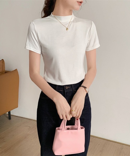 LAFFMO(ラフモ)の「モックネック半袖カットソー(Tシャツ/カットソー・レディース・ライトグレー/ホワイト/ダークグレー/ブラック・F)」の6枚目の写真