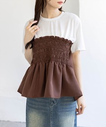 CLEAR BASIC | シャーリング切替ペプラムドッキングトップス［骨格ウェーブ／カジュアル］(Tシャツ/カットソー)