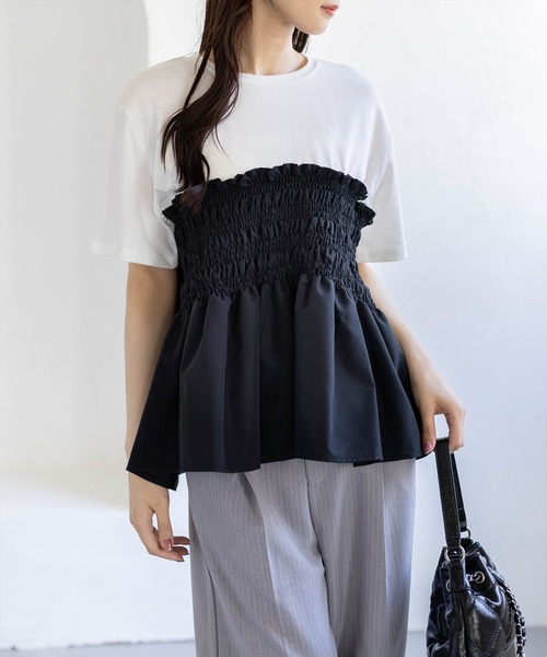 CLEAR BASIC（クリアベーシック）の「シャーリング切替ペプラムドッキングトップス［骨格ウェーブ／カジュアル］（Tシャツ/カットソー・レディース・ブラウン/ブラック・F）」の2枚目の写真