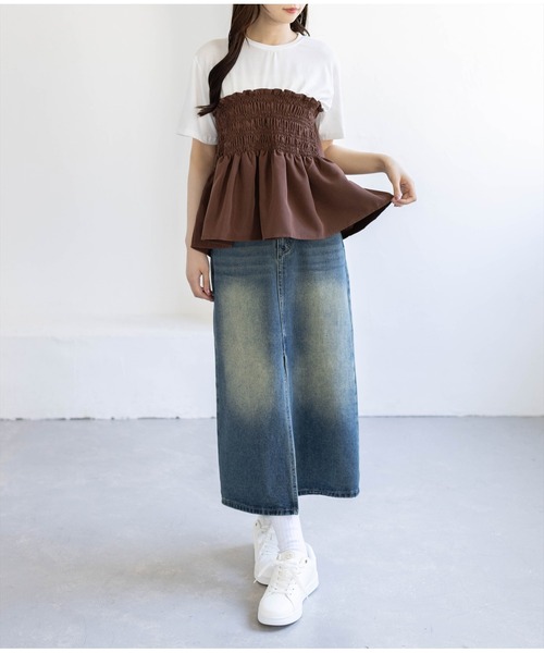 CLEAR BASIC（クリアベーシック）の「シャーリング切替ペプラムドッキングトップス［骨格ウェーブ／カジュアル］（Tシャツ/カットソー・レディース・ブラウン/ブラック・F）」の6枚目の写真