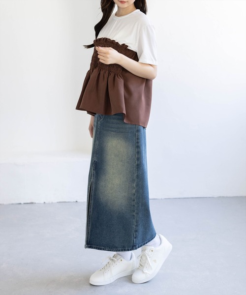 CLEAR BASIC（クリアベーシック）の「シャーリング切替ペプラムドッキングトップス［骨格ウェーブ／カジュアル］（Tシャツ/カットソー・レディース・ブラウン/ブラック・F）」の7枚目の写真